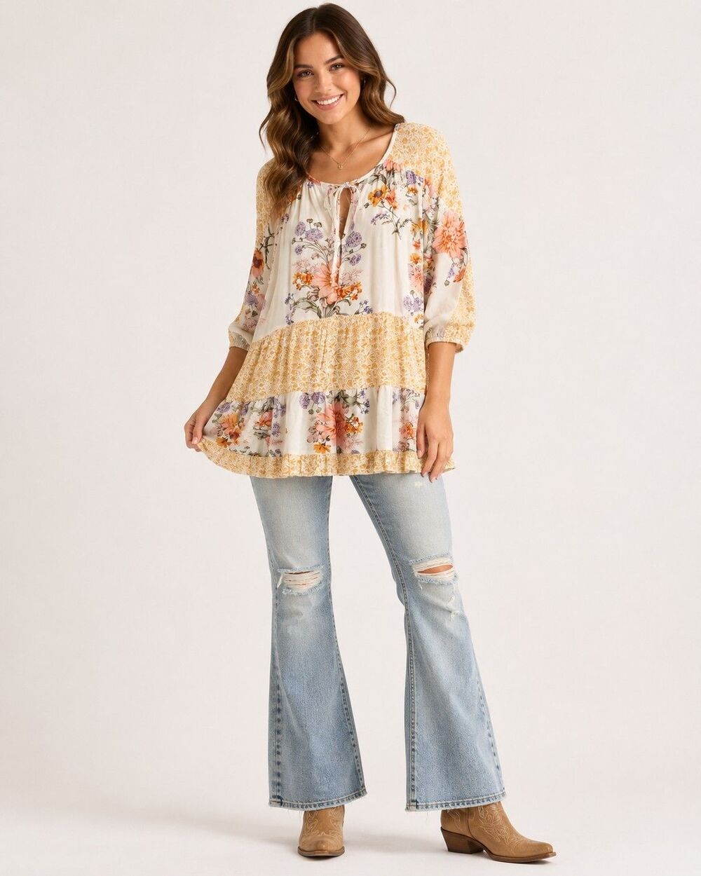 American Eagle Women XS Floral Tiered Relaxed Blouse Boho Cottagecore Peasant